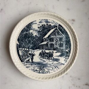 Set of 4 Vintage Blue Transferware Winter Scene Plates | Made in USA